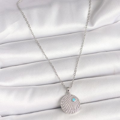 316L Çelik Gümüş Renk Zincir Zirkon Taşlı Mavi Taş Detaylı Madalyon Model Kadın Kolye
