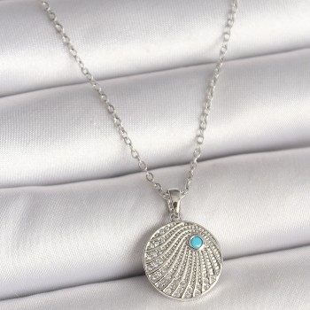 316L Çelik Gümüş Renk Zincir Zirkon Taşlı Mavi Taş Detaylı Madalyon Model Kadın Kolye