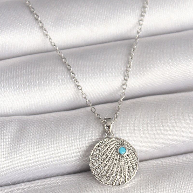 316L Çelik Gümüş Renk Zincir Zirkon Taşlı Mavi Taş Detaylı Madalyon Model Kadın Kolye