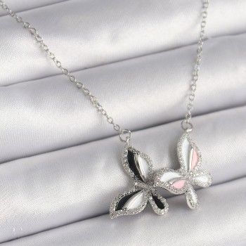 316L Çelik Gümüş Renk Zincir Zirkon Taşlı Renkli Kelebek Model Kadın Kolye