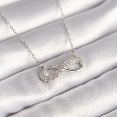 316L Çelik Gümüş Renk Zincir Zirkon Taşlı Sonsuzluk Model Kadın Kolye