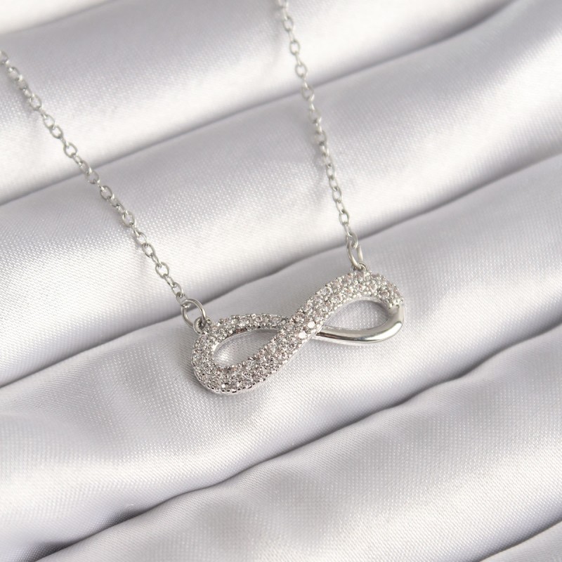 316L Çelik Gümüş Renk Zincir Zirkon Taşlı Sonsuzluk Model Kadın Kolye