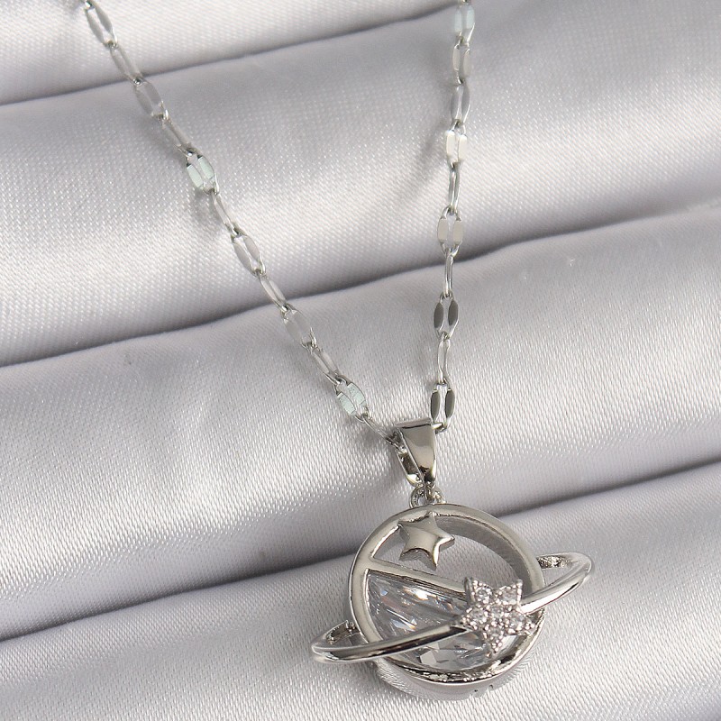 316L Çelik Gümüş Renk Zincir Zirkon Taşlı Yıldız Detay Gezegen Model Kadın Kolye