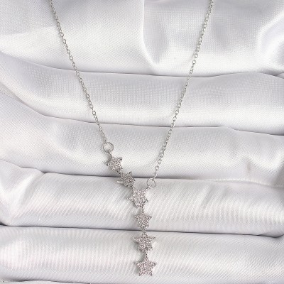 316L Çelik Gümüş Renk Zincir Zirkon Taşlı Yıldız Model Kadın Kolye