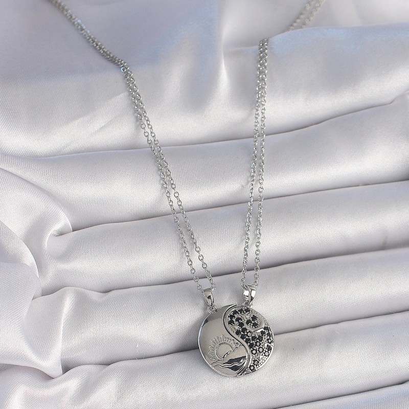 316L Çelik Gümüş Renk Zincir Zirkon Taşlı Ying Yang Model Gün Batımı İşlemeli Arakdaşlık Kadın Kolye