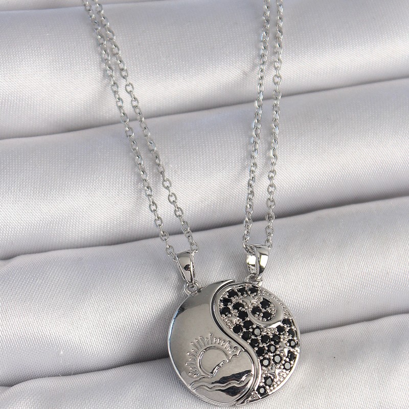 316L Çelik Gümüş Renk Zincir Zirkon Taşlı Ying Yang Model Gün Batımı İşlemeli Arakdaşlık Kadın Kolye