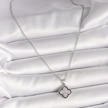 316L Çelik Gümüş Renk Zincir Zirkon Taşlı Yonca Model Kadın Kolye