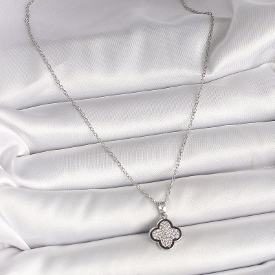 316L Çelik Gümüş Renk Zincir Zirkon Taşlı Yonca Model Kadın Kolye