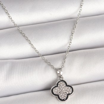 316L Çelik Gümüş Renk Zincir Zirkon Taşlı Yonca Model Kadın Kolye