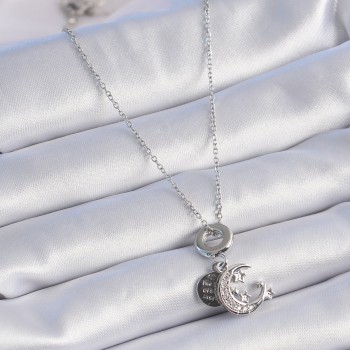 316L Çelik Gümüş Renk Zirkon Taşlı Ay Yıldız  Figür Charm Model Kadın Kolye