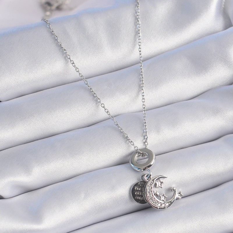 316L Çelik Gümüş Renk Zirkon Taşlı Ay Yıldız  Figür Charm Model Kadın Kolye