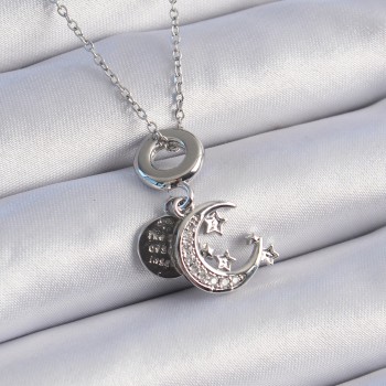 316L Çelik Gümüş Renk Zirkon Taşlı Ay Yıldız  Figür Charm Model Kadın Kolye