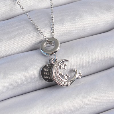 316L Çelik Gümüş Renk Zirkon Taşlı Ay Yıldız  Figür Charm Model Kadın Kolye