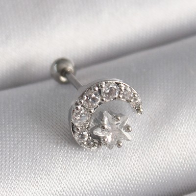 316L Çelik Gümüş Renk Zirkon Taşlı Ay Yıldız Tragus Piercing
