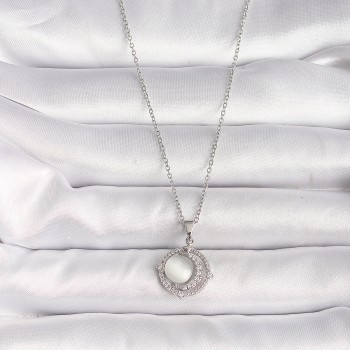 316L Çelik Gümüş Renk Zirkon Taşlı Beyaz Sedefli Hilal Model Kadın Kolye