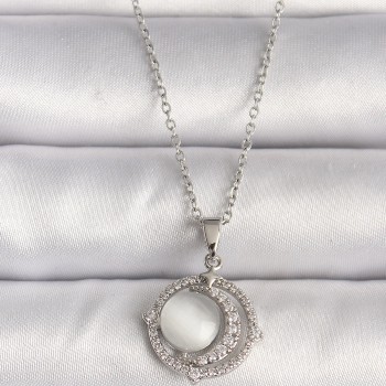 316L Çelik Gümüş Renk Zirkon Taşlı Beyaz Sedefli Hilal Model Kadın Kolye
