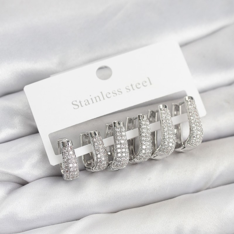 316L Çelik Gümüş Renk Zirkon Taşlı Damla Halka Küpe Seti