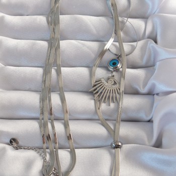 316L Çelik Gümüş Renk Zirkon Taşlı Göz Detay Nazarlı Uzun Asansör Model Kolye