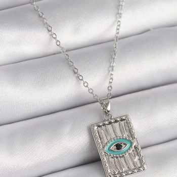 316L Çelik Gümüş Renk Zirkon Taşlı Göz İşleme Detaylı Plaka Model Kadın Kolye