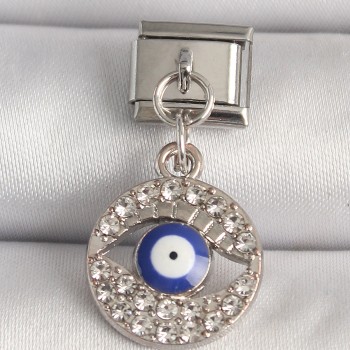 316L Çelik Gümüş Renk Zirkon Taşlı Göz Model Nazar Boncuk Detay Nomination Charm