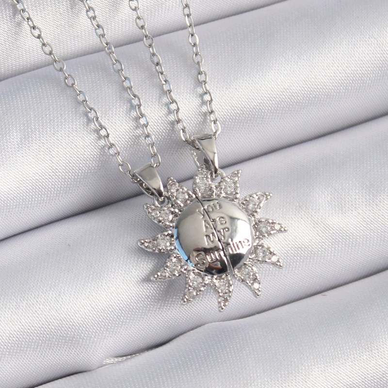 316L Çelik Gümüş Renk Zirkon Taşlı Güneş Model İşleme Yazı Detay Arkadaşlık Kolyesi