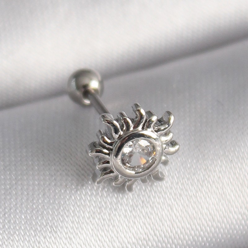 316L Çelik Gümüş Renk Zirkon Taşlı Güneş Tragus Piercing
