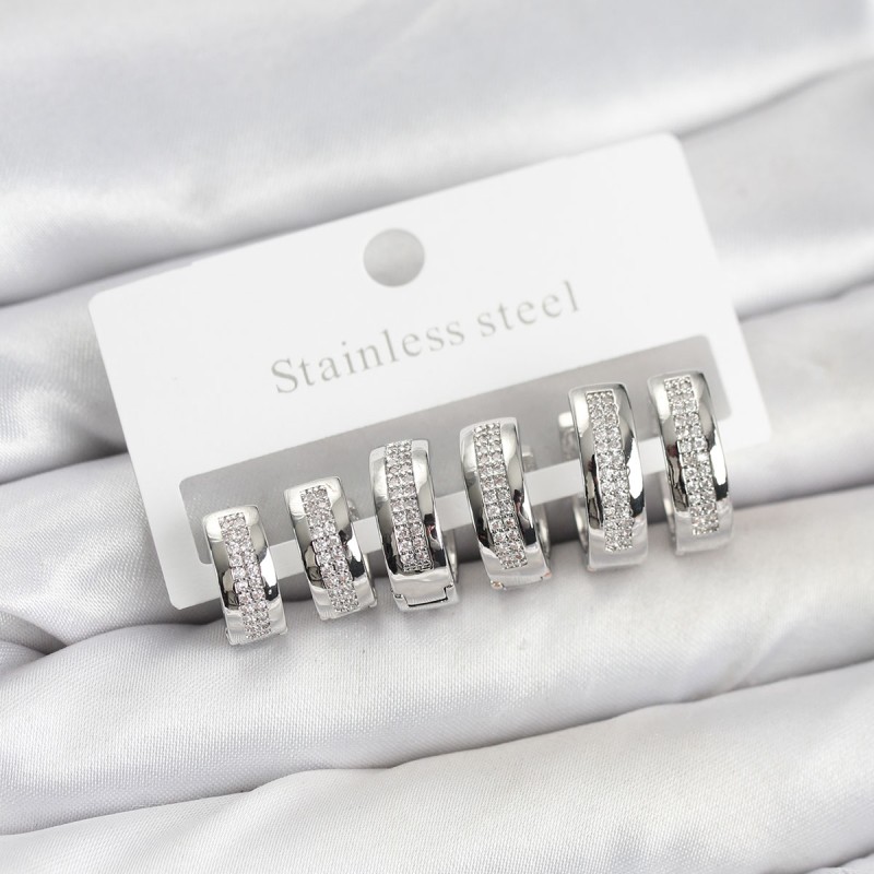 316L Çelik Gümüş Renk Zirkon Taşlı Halka Küpe Seti