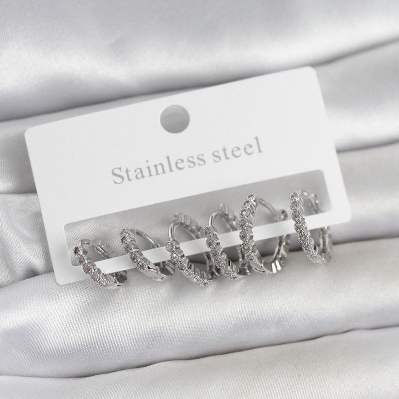 316L Çelik Gümüş Renk Zirkon Taşlı Halka Model Kadın Küpe Seti