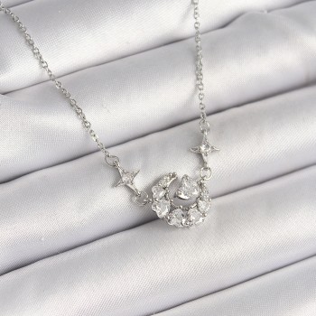 316L Çelik Gümüş Renk Zirkon Taşlı Hilal Kalp Model Kadın Kolye