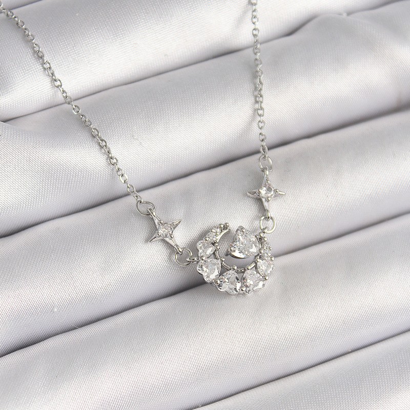 316L Çelik Gümüş Renk Zirkon Taşlı Hilal Kalp Model Kadın Kolye