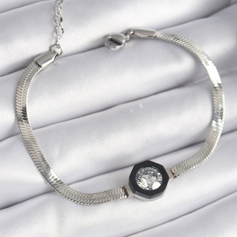 316L Çelik Gümüş Renk Zirkon Taşlı İtalyan Zincir Model Kadın Bileklik