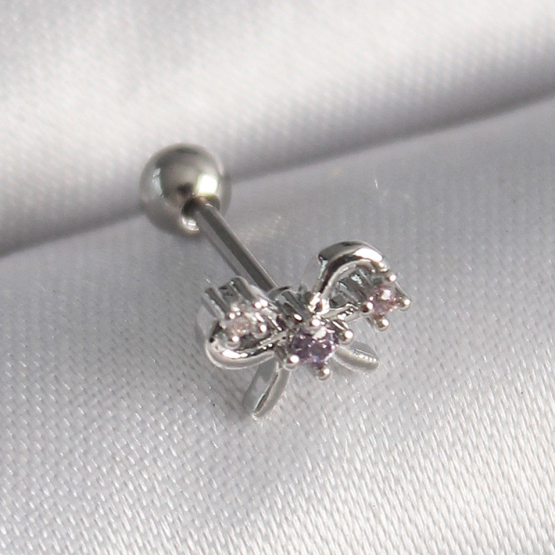 316L Çelik Gümüş Renk Zirkon Taşlı Kurdele Tragus Piercing