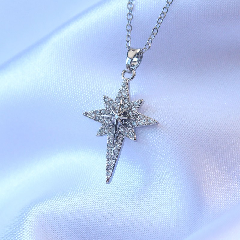 316L Çelik Gümüş Renk Zirkon Taşlı Kutup Yıldızı Model Kolye
