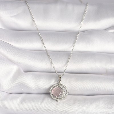 316L Çelik Gümüş Renk Zirkon Taşlı Pembe Sedefli Hilal Model Kadın Kolye