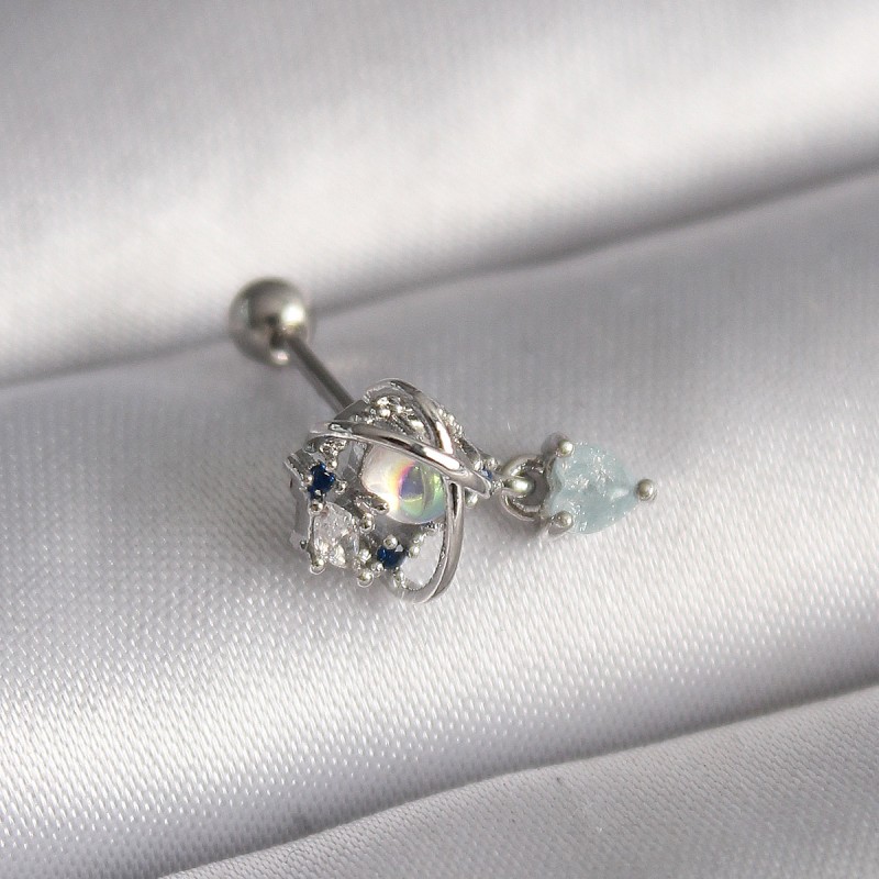 316L Çelik Gümüş Renk Zirkon Taşlı Sallantı Kalp Detay Tragus Piercing