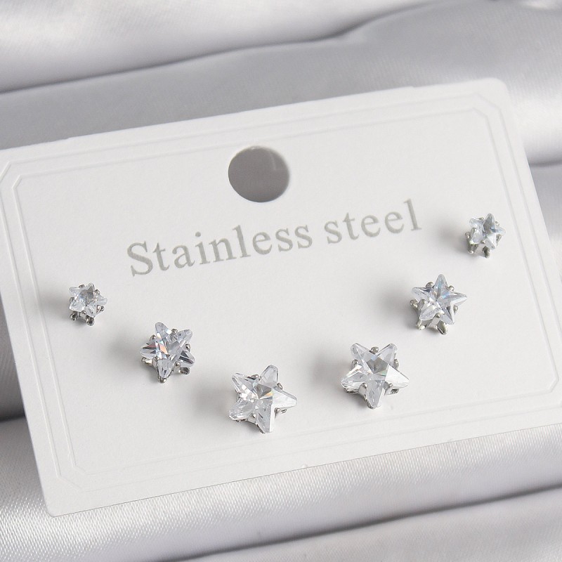 316L Çelik Gümüş Renk Zirkon Taşlı Yıldız Model Kadın Küpe Seti