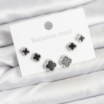 316L Çelik Gümüş Renk Zirkon Taşlı Yonca Model Kadın Küpe Seti