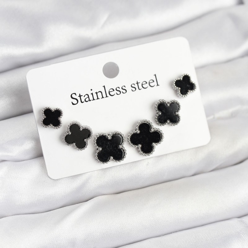 316L Çelik Gümüş Siyah Renk 3 Boy Yonca Küpe Seti