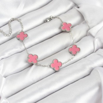 316L Çelik Gümüş Zincir Pembe Renk Yonca Bileklik