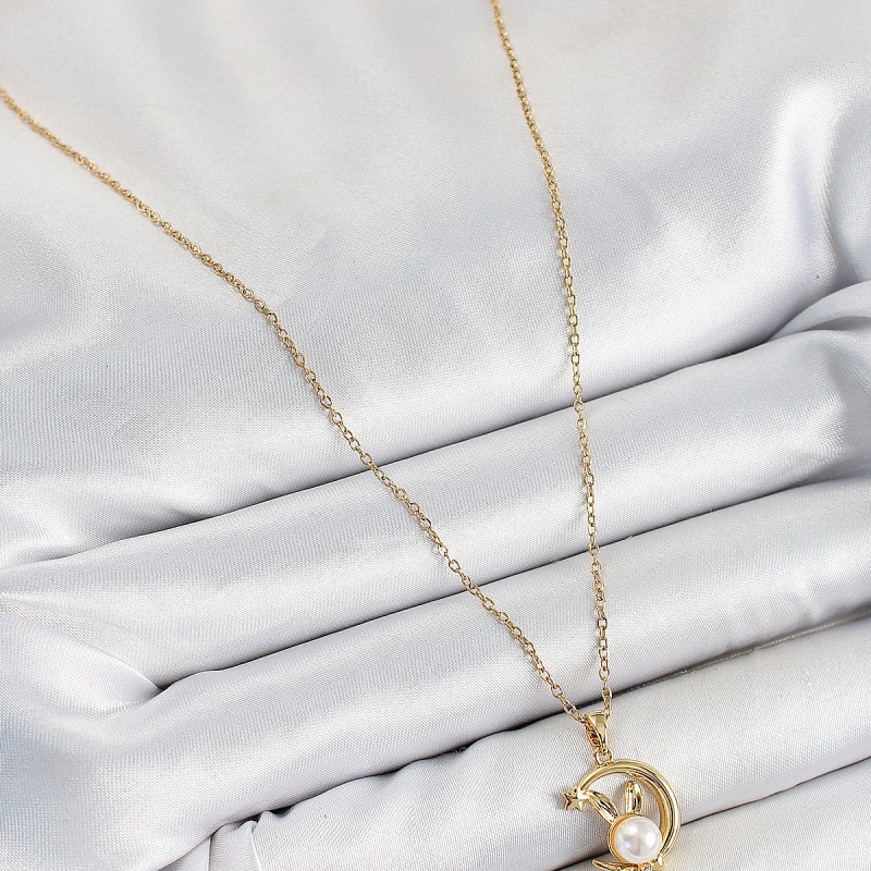 316L Çelik İnci Detaylı Hilal Tavşan Model Gold Renk Kadın Kolye