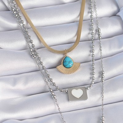 316L Çelik Mix Renk 3'lü Zincir Damla Madalyon Figür Uzun Kadın Kolye