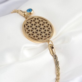 316L Çelik Nazar Boncuğu Detaylı Yaşam Çiçeği Model Gold Renk Kadın Bileklik