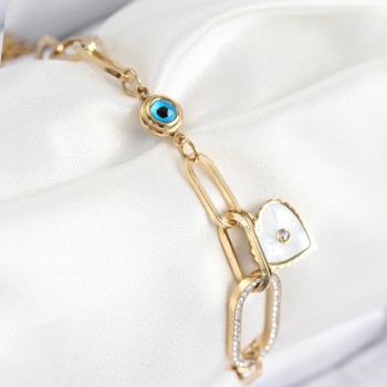 316L Çelik Nazar Boncuğu Ve Zirkon Taşlı Kalp Model Gold Renk Kadın Bileklik
