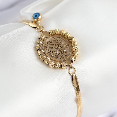 316L Çelik Nazar Boncuk Detaylı Hayat Ağacı Model İtalyan Zincir Gold Renk Kadın Bileklik