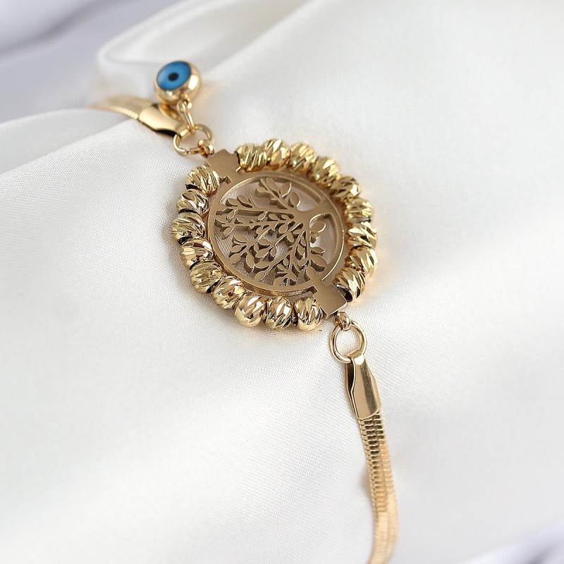 316L Çelik Nazar Boncuk Detaylı Hayat Ağacı Model İtalyan Zincir Gold Renk Kadın Bileklik