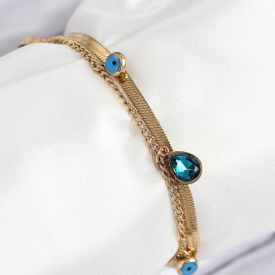 316L Çelik Nazar Boncuk Detaylı Mavi Zirkon Taşlı Model İtalyan Zincir Gold Renk Kadın Bileklik
