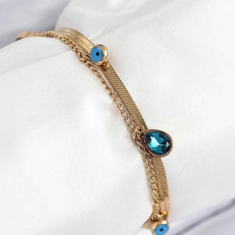 316L Çelik Nazar Boncuk Detaylı Mavi Zirkon Taşlı Model İtalyan Zincir Gold Renk Kadın Bileklik