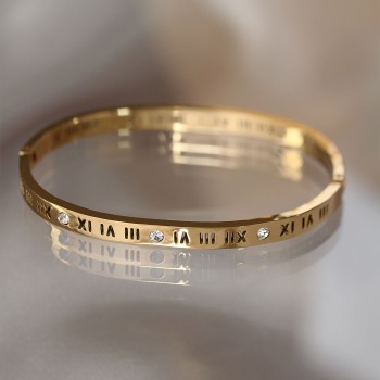 316L Çelik Roma Rakamlı Gold Renk Bilezik Kelepçe