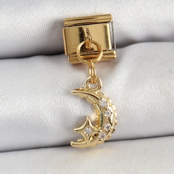 316L Çelik Sallantılı Zirkon Taşlı Ay Model Gold Renk Nomination Charm