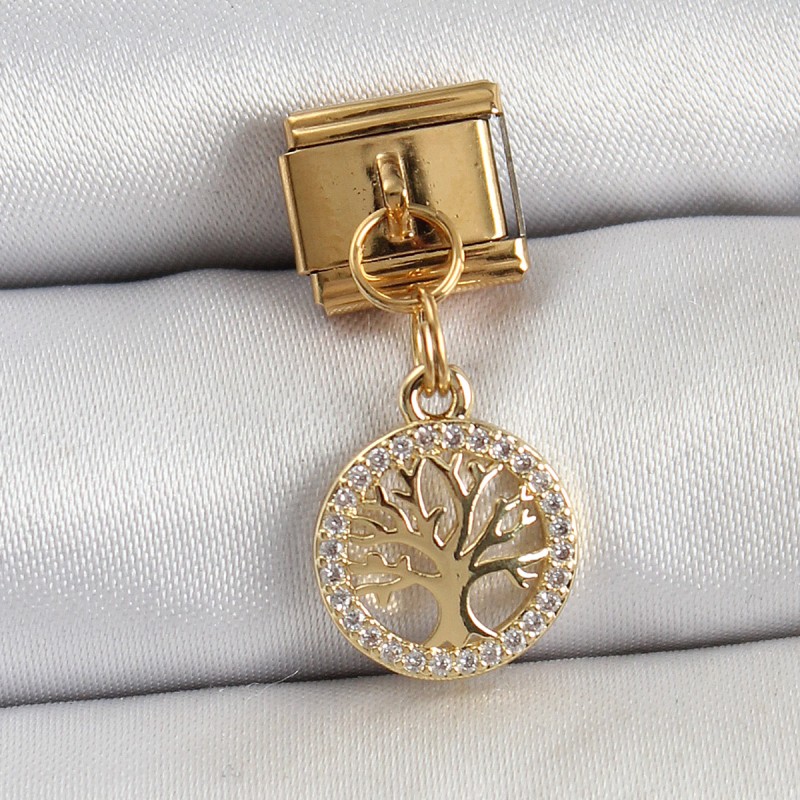 316L Çelik Sallantılı Zirkon Taşlı Hayat Ağacı Model Gold Renk Nomination Charm
